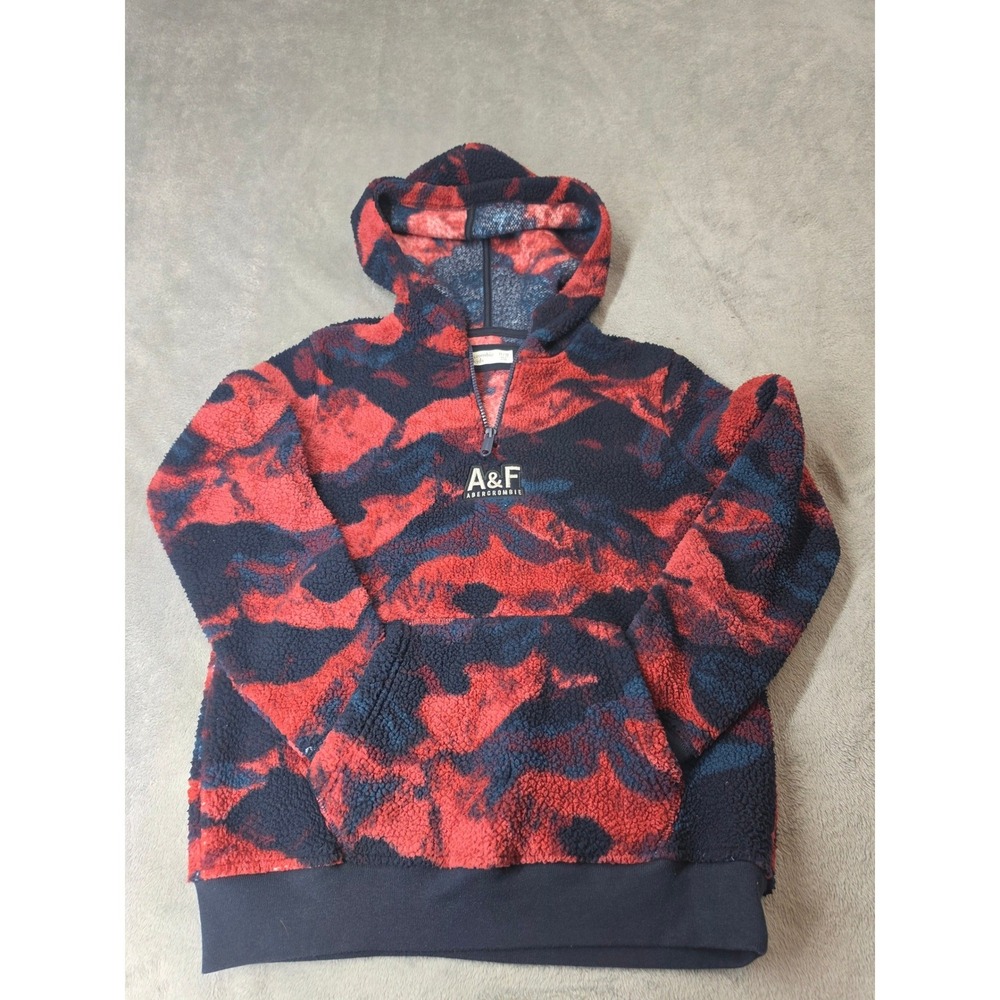 Abercrombie Kids Red Navy Camo Sherpa Fleece Quarter Zip Hoodie Size 11/12